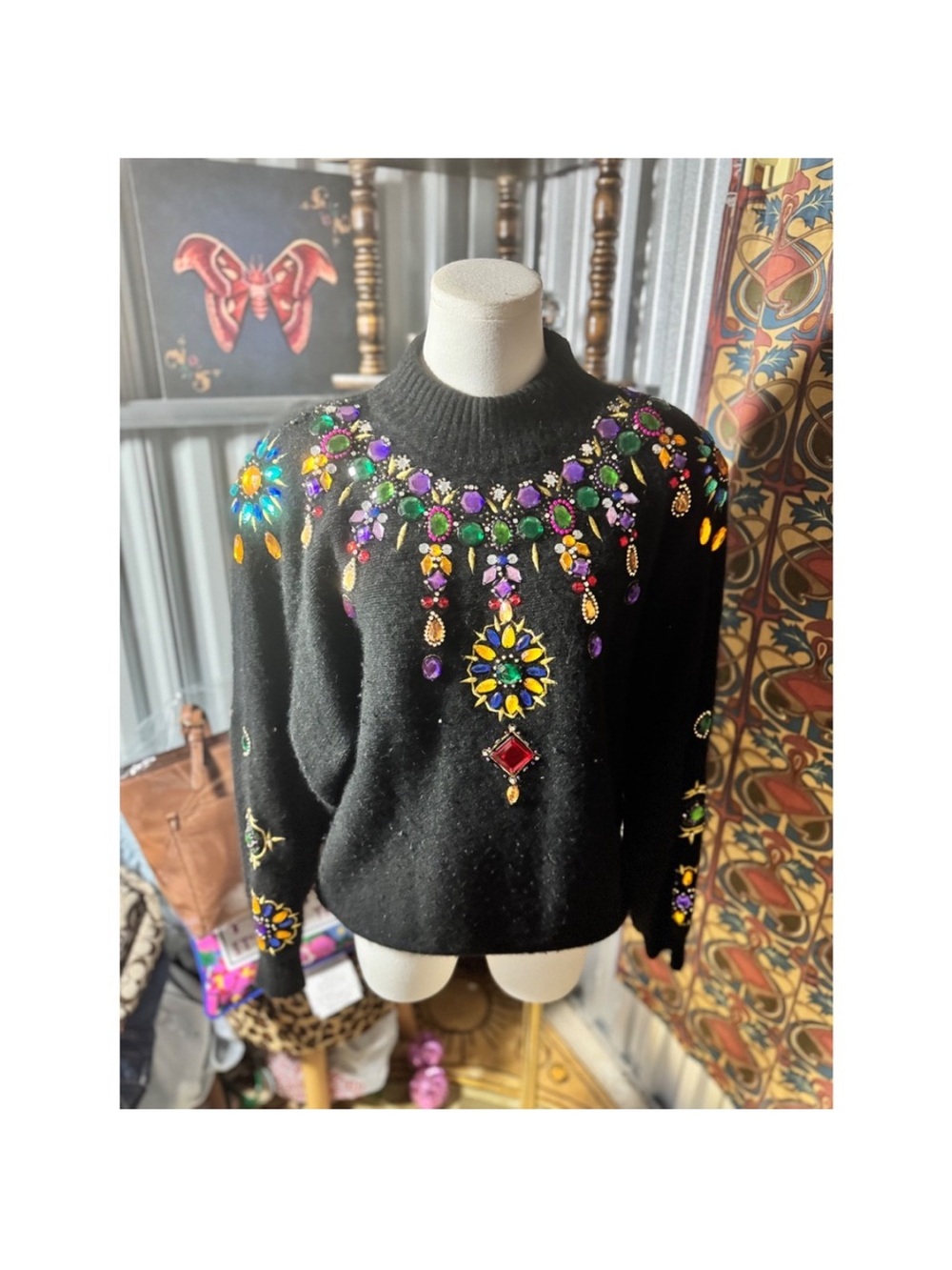 Vintage Cedar Brand Black Turtleneck Sweater with Multicolor Jewel Accent
